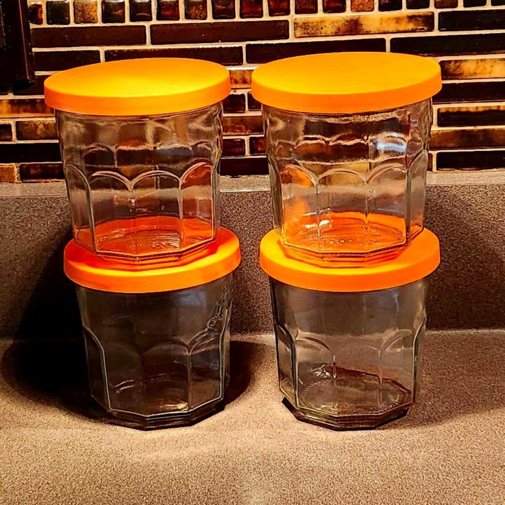 4pc Le Parfait Jam Pots Clear Jars w/ Orange Snap Lids. Faceted  11oz